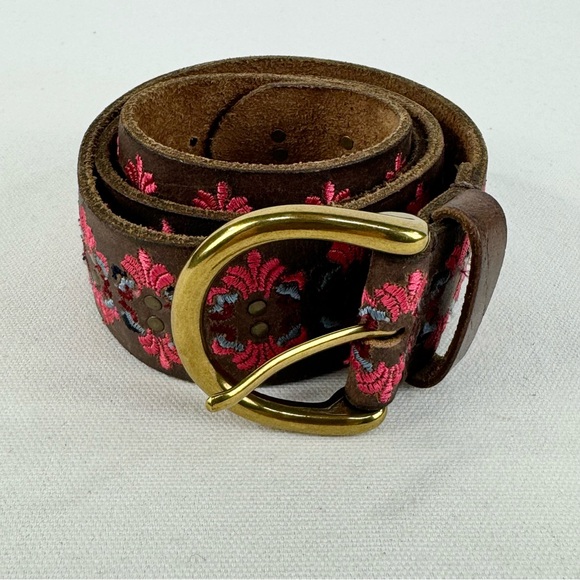 Lucky Brand Brown Leather Embroidered Belt Brass Studs XS - Picture 4 of 8